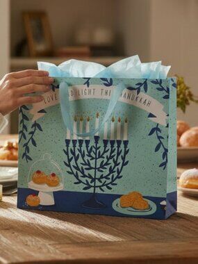 2/$48 💥🆕 Spritz Menorah Hanukkah Gift Bag & Blue Tissue | Qty 8 | 6906